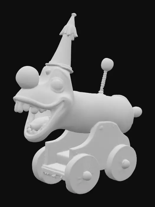 3D model for A whimsical yet slightly eerie clown-themed cannon, its barrel painted in spiraling red and white stripes with glossy enamel. The muzzle is shaped like an oversized clown mouth, teeth painted bright white and lips a vibrant cherry red. Golden bells dangle from the rim, jingling with movement. The cannon’s body is decorated with colorful diamond patterns in yellow, blue, and green, with peeling paint revealing aged brass underneath. Its wheels are oversized circus-style, each with a multicolored spoke design. A small plume of rainbow smoke drifts from the barrel, hinting it’s ready for a playful—but unpredictable—blast.