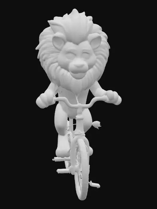 3D model for A majestic lion with a full, golden mane flowing in motion, balancing skillfully on a single large unicycle wheel. The lion’s body is lean yet muscular, its fur detailed with rich tawny shades and subtle texture. Its front paws grip a pair of ornate handlebars attached to the unicycle’s frame, painted in glossy red and gold circus colors. The wheel has polished chrome spokes and a rubber tire slightly worn from use. The lion’s expression is focused yet regal, with a hint of performance flair, as if it’s mid-act under a spotlight.
