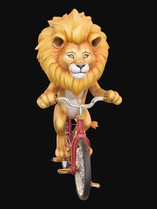 3D model for A majestic lion with a full, golden mane flowing in motion, balancing skillfully on a single large unicycle wheel. The lion’s body is lean yet muscular, its fur detailed with rich tawny shades and subtle texture. Its front paws grip a pair of ornate handlebars attached to the unicycle’s frame, painted in glossy red and gold circus colors. The wheel has polished chrome spokes and a rubber tire slightly worn from use. The lion’s expression is focused yet regal, with a hint of performance flair, as if it’s mid-act under a spotlight.
