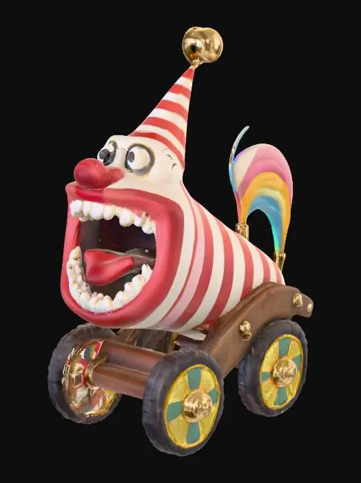 3D model for A whimsical yet slightly eerie clown-themed cannon, its barrel painted in spiraling red and white stripes with glossy enamel. The muzzle is shaped like an oversized clown mouth, teeth painted bright white and lips a vibrant cherry red. Golden bells dangle from the rim, jingling with movement. The cannon’s body is decorated with colorful diamond patterns in yellow, blue, and green, with peeling paint revealing aged brass underneath. Its wheels are oversized circus-style, each with a multicolored spoke design. A small plume of rainbow smoke drifts from the barrel, hinting it’s ready for a playful—but unpredictable—blast.