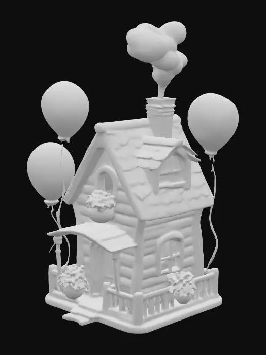 3D model for A charming, cartoon-style house inspired by *Up*, with pastel-colored wooden siding in soft yellows, blues, and pinks. The roof is steep and shingled in deep purple, with a small chimney puffing a wisp of smoke. The front porch has white railings and a swinging bench, while flower boxes overflow with bright blooms. Above, hundreds of vibrant helium balloons—red, blue, yellow, green—are tied to the roof in thick bunches, their glossy surfaces catching the light. The house hovers slightly above the ground, casting a soft shadow, as if just beginning its magical ascent.
