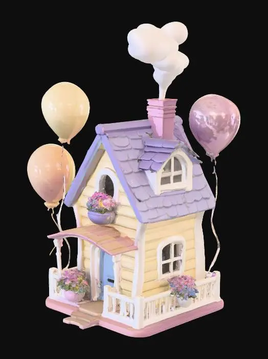 3D model for A charming, cartoon-style house inspired by *Up*, with pastel-colored wooden siding in soft yellows, blues, and pinks. The roof is steep and shingled in deep purple, with a small chimney puffing a wisp of smoke. The front porch has white railings and a swinging bench, while flower boxes overflow with bright blooms. Above, hundreds of vibrant helium balloons—red, blue, yellow, green—are tied to the roof in thick bunches, their glossy surfaces catching the light. The house hovers slightly above the ground, casting a soft shadow, as if just beginning its magical ascent.
