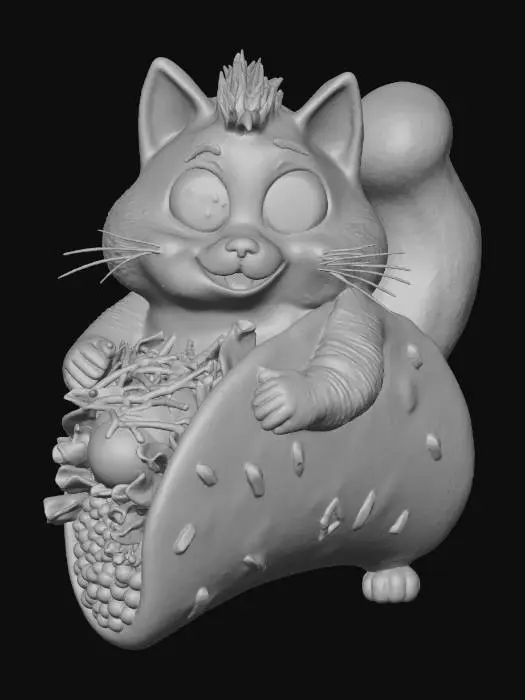 3D model for A cute, whimsical “Taco Cat” — a chubby, cartoon-style cat whose body is shaped like a taco shell. Its fur blends with the golden-brown crunchy taco shell, slightly textured like a real taco. Inside the shell, layers of lettuce, tomato, cheese, and seasoned meat peek out around the cat’s sides. The cat’s head and tail stick out from each end of the taco, with big round eyes, a small pink nose, and a mischievous grin. Style it colorful, clean, and stylized for 3D animation — soft lighting, smooth surfaces, playful proportions.