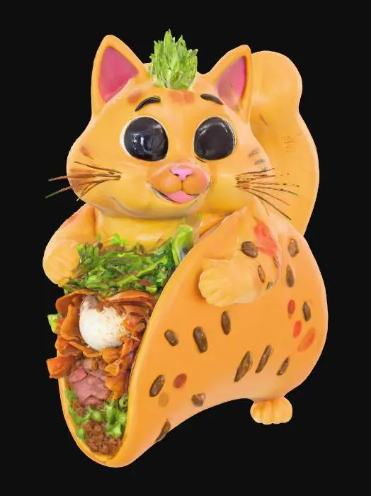 3D model for A cute, whimsical “Taco Cat” — a chubby, cartoon-style cat whose body is shaped like a taco shell. Its fur blends with the golden-brown crunchy taco shell, slightly textured like a real taco. Inside the shell, layers of lettuce, tomato, cheese, and seasoned meat peek out around the cat’s sides. The cat’s head and tail stick out from each end of the taco, with big round eyes, a small pink nose, and a mischievous grin. Style it colorful, clean, and stylized for 3D animation — soft lighting, smooth surfaces, playful proportions.
