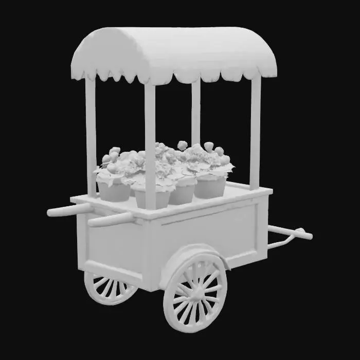 3D model for A 1990s decorative flower cart with a rounded, softly boxy wooden base painted in pastel mint green with a subtle gloss finish. The side panels are adorned with raised trim and cutout heart or tulip shapes, giving it a playful charm. The cart is supported by two large white metal wheels with thin black rubber tires and smooth spokes, placed at the center, and two angled wooden legs at the rear for balance. Front handles are metallic chrome with padded black rubber grips, slightly curved downward. Above, a rectangular canopy frame holds a soft vinyl awning, flat on top, with repeating vertical stripes in bright 90s colors—teal, pink, pale yellow, and white. The cart bed contains assorted silk flowers in pastel buckets and terra cotta pots, with foliage spilling slightly over the edges.