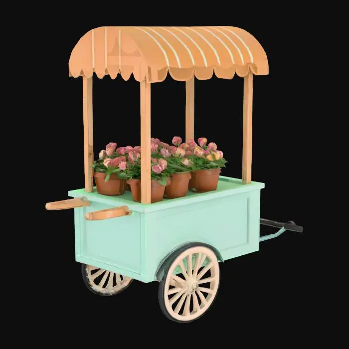 3D model for A 1990s decorative flower cart with a rounded, softly boxy wooden base painted in pastel mint green with a subtle gloss finish. The side panels are adorned with raised trim and cutout heart or tulip shapes, giving it a playful charm. The cart is supported by two large white metal wheels with thin black rubber tires and smooth spokes, placed at the center, and two angled wooden legs at the rear for balance. Front handles are metallic chrome with padded black rubber grips, slightly curved downward. Above, a rectangular canopy frame holds a soft vinyl awning, flat on top, with repeating vertical stripes in bright 90s colors—teal, pink, pale yellow, and white. The cart bed contains assorted silk flowers in pastel buckets and terra cotta pots, with foliage spilling slightly over the edges.