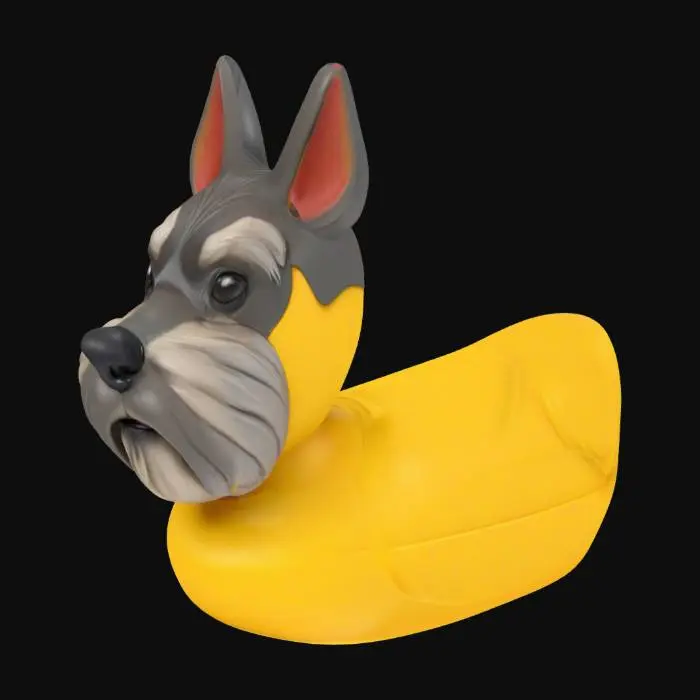 3D model for A 3D model of a rubber duck with the head of a schnauzer dog. The body is smooth and rounded like a classic rubber duck, with a small tail bump at the rear and no visible wings. Attached to the front is a detailed schnauzer head featuring a boxy snout, prominent eyebrows, and a sculpted beard extending from the chin. The ears are small and triangular, folded forward. The face includes deep-set eyes and a textured nose. The head is slightly oversized compared to the duck body for emphasis. Surface shows visible FDM print lines. Colors include gray for the head, black nose, and bright yellow duck body.