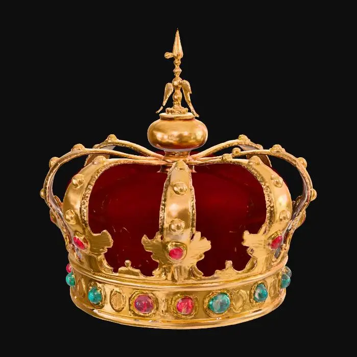 3D model for Regal king’s crown crafted from aged gold with tall, evenly spaced spires, each tipped with a polished red gem. The band is thick and slightly weathered, engraved with intricate vine-like filigree and small lion and eagle emblems. Velvet padding lines the inner rim. Between each spire, smaller arches curve inward, resembling Gothic window shapes. At the front, a larger central gem—deep crimson or emerald—sits in an ornate setting. Crown has weight and authority, suited for a powerful medieval ruler. No modern elements; all design rooted in medieval royalty aesthetics.