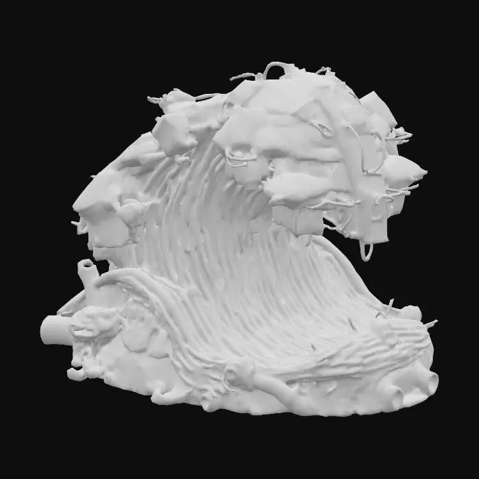 3D model for A chaotic wave of jagged scrap metal pieces, rusted and dented, twisting together in motion like a metallic tsunami. Sharp edges, gears, chains, pipes, and broken panels mix in mid-surge, with sparks and bits of smoke trailing off. The wave curves high, threatening to crash, reflecting dim light in a gritty, post-apocalyptic atmosphere