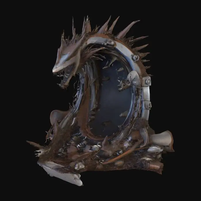 3D model for A chaotic wave of jagged scrap metal pieces, rusted and dented, twisting together in motion like a metallic tsunami. Sharp edges, gears, chains, pipes, and broken panels mix in mid-surge, with sparks and bits of smoke trailing off. The wave curves high, threatening to crash, reflecting dim light in a gritty, post-apocalyptic atmosphere