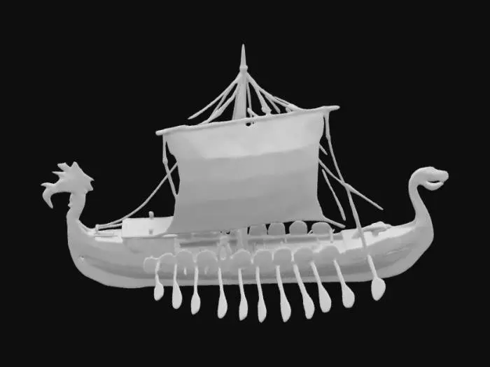 3D model for Design a 300mm-long Viking longship with clinker-built hull planks (embossed overlapping lines, dragon-head prow (sharp horns, scaled texture),Include:  
- **Mast & Sail**: 150mm mast with square sail billowing dynamically (embossed Raven of Odin symbol).  
- **Shields**: 12 round shields (30mm) along gunwales, engraved with radial runes/wolf 
- **Oars**: 16 parallel oars (80mm) with rune-etched shafts. Rope coils (twisted texture), Jormungandr serpent carving on sternpost, weathered wood grain