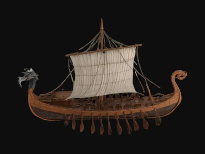 3D model for Design a 300mm-long Viking longship with clinker-built hull planks (embossed overlapping lines, dragon-head prow (sharp horns, scaled texture),Include:  
- **Mast & Sail**: 150mm mast with square sail billowing dynamically (embossed Raven of Odin symbol).  
- **Shields**: 12 round shields (30mm) along gunwales, engraved with radial runes/wolf 
- **Oars**: 16 parallel oars (80mm) with rune-etched shafts. Rope coils (twisted texture), Jormungandr serpent carving on sternpost, weathered wood grain