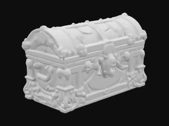 3D model for A cursed pirate chest barnacle-covered weathered wood intricate locking mechanisms with embossed skulls treasure map carvings glowing mystical aura ultra-realistic cinematic lighting