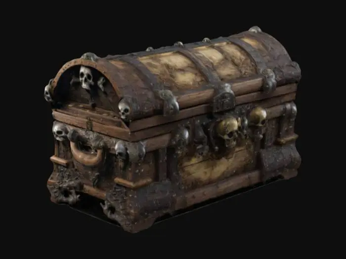 3D model for A cursed pirate chest barnacle-covered weathered wood intricate locking mechanisms with embossed skulls treasure map carvings glowing mystical aura ultra-realistic cinematic lighting
