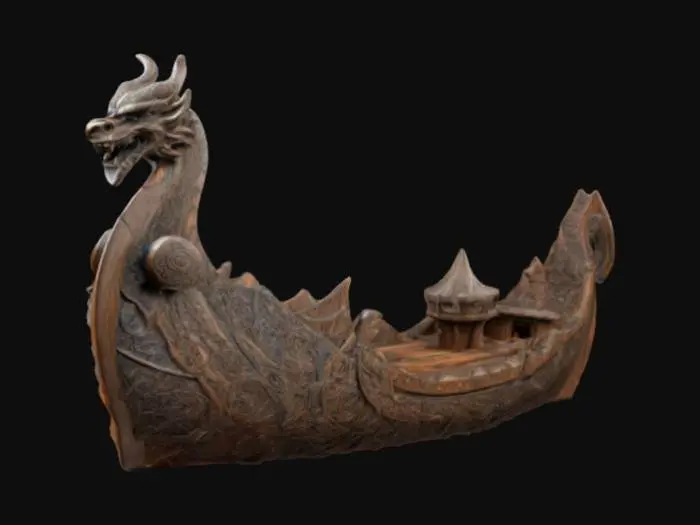 3D model for Viking Longship Prow Sculpture: A highly detailed wooden prow featuring a raised, intricately carved dragon head with swirling knotwork patterns slightly recessed into the wood surface, weathered textures, reinforced with iron bands etched 2mm deep with runes, ultra-realistic design with cinematic lighting