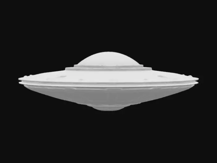 3D model for Flying Saucer (UFO): A sleek, hovering UFO with classic saucer shape, raised metallic surfaces, deeply recessed panel lines, glowing lights along the edges, and a textured, alien-engineered surface with small, recessed portholes