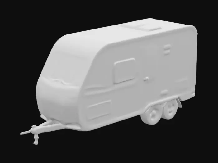 3D model for A realistic twin-axle towing caravan with a modern, aerodynamic body and smooth, curved edges. Tinted windows, a side entrance door, and small storage compartments. Twin axles with textured tires and visible suspension. The front features a tow hitch and A-frame. Subtle panel lines, recessed details, and a clean, polished finish. Ultra-detailed, high resolution, designed for realism with sculpted textures and defined edges