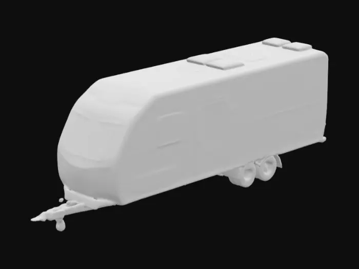 3D model for A realistic twin-axle towing caravan with a modern aerodynamic body, smooth curved edges, and a large panoramic front window. Tinted side windows, a side entrance door, and small storage compartments. Twin axles with textured tires and visible suspension. The front features a tow hitch and A-frame. Subtle panel lines, recessed details, and a clean, polished finish. Ultra-detailed, high resolution, sculpted textures, and defined edges for realism