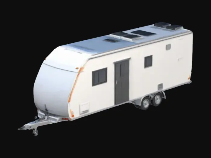 3D model for A realistic twin-axle towing caravan with a modern aerodynamic body, smooth curved edges, and a large panoramic front window. Tinted side windows, a side entrance door, and small storage compartments. Twin axles with textured tires and visible suspension. The front features a tow hitch and A-frame. Subtle panel lines, recessed details, and a clean, polished finish. Ultra-detailed, high resolution, sculpted textures, and defined edges for realism