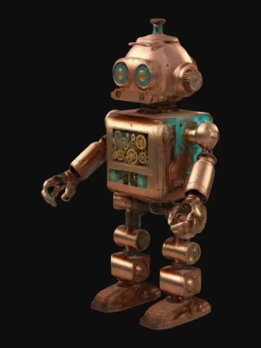 3D model for Design a 120mm steampunk robot with visible gears, pipes, and a spring-loaded arm that launches small objects. Include a wind-up key on the back and a retro-futuristic color scheme (brass/copper textures). Ensure the arm mechanism is print-in-place and functional without supports