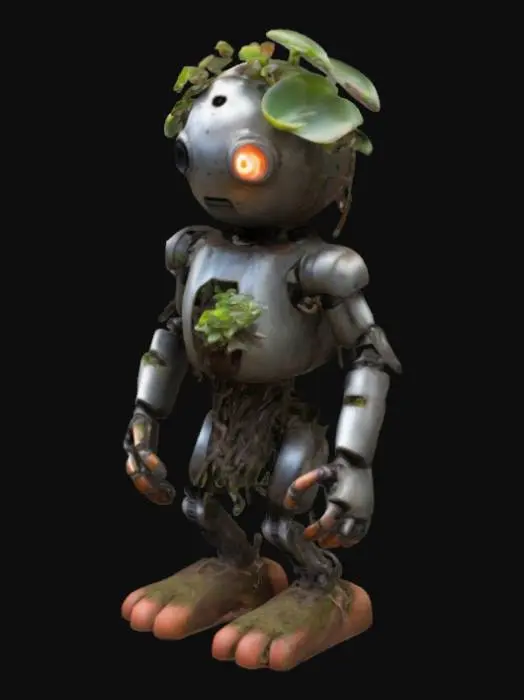 3D model for Model a 90mm-tall robot fused with organic elements (e.g., vines, coral, or mushrooms growing through its chassis). Pose it crouching, with a hollow chest cavity acting as a planter for succulents. Add engraved root-like textures on limbs and a weathered, oxidized metal finish