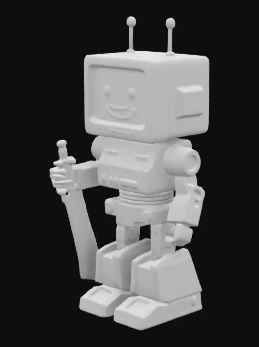 3D model for Design a 110mm-tall robot with a voxelated (3D pixel) aesthetic. Use cube-based shapes, visible ‘pixels’ (etched grid lines), and a CRT-screen head displaying a static emoji (e.g., ^_^). Pose it holding a tiny sword or joystick. Add faux-glitch textures on surfaces (e.g., fragmented lines)