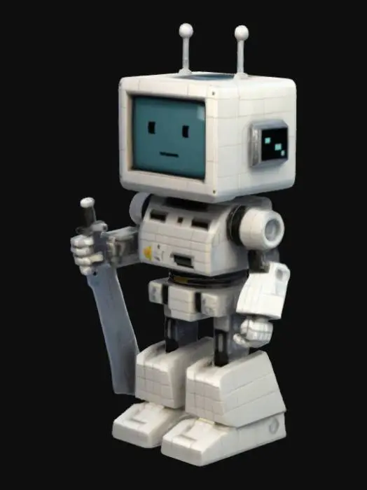 3D model for Design a 110mm-tall robot with a voxelated (3D pixel) aesthetic. Use cube-based shapes, visible ‘pixels’ (etched grid lines), and a CRT-screen head displaying a static emoji (e.g., ^_^). Pose it holding a tiny sword or joystick. Add faux-glitch textures on surfaces (e.g., fragmented lines)
