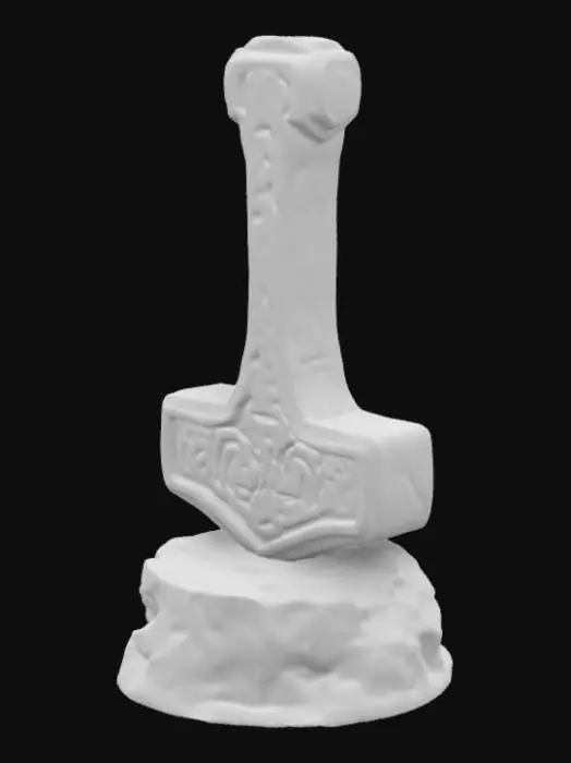 3D model for Thor’s Hammer on Display Base: Mjölnir with raised knotwork carvings 2mm above the hammer surface, recessed lightning runes etched 2mm deep, resting on a stone pedestal with similarly sculpted textures for maximum printing quality