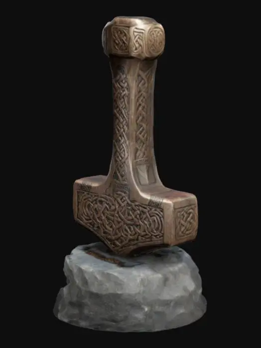 3D model for Thor’s Hammer on Display Base: Mjölnir with raised knotwork carvings 2mm above the hammer surface, recessed lightning runes etched 2mm deep, resting on a stone pedestal with similarly sculpted textures for maximum printing quality