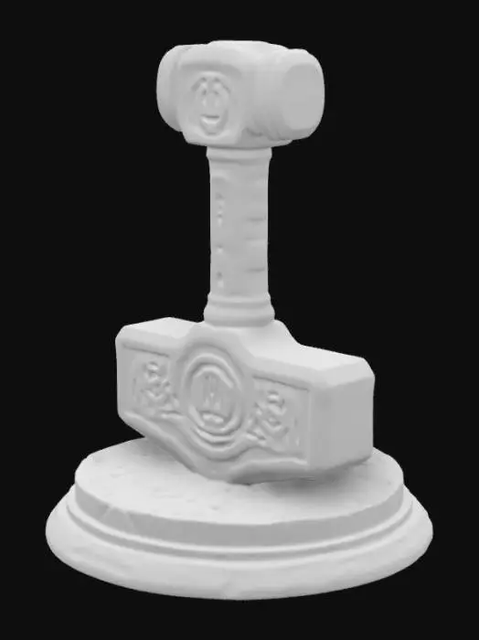 3D model for Thor’s Hammer on Display Base: Mjölnir with raised knotwork carvings 2mm above the hammer surface, recessed lightning runes etched 2mm deep, resting on a stone pedestal with similarly sculpted textures for maximum printing quality