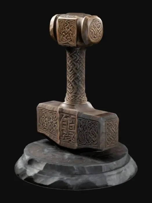 3D model for Thor’s Hammer on Display Base: Mjölnir with raised knotwork carvings 2mm above the hammer surface, recessed lightning runes etched 2mm deep, resting on a stone pedestal with similarly sculpted textures for maximum printing quality