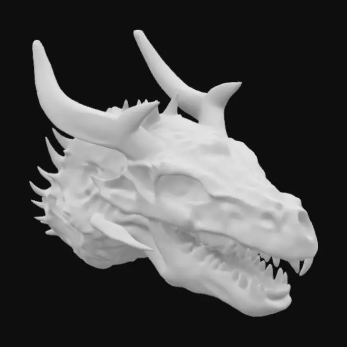 3D model for create a hyper realistic model of a fantasy dragon skull that embodies the essence of mythical creatures show casing extreme detail capturing sharp elongated horns and deep eye sockets and weathered textured skin with ornate carvings suggesting a rich history and cultural significance 