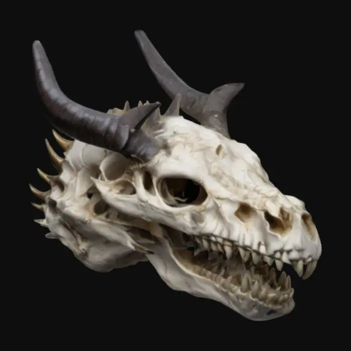 3D model for create a hyper realistic model of a fantasy dragon skull that embodies the essence of mythical creatures show casing extreme detail capturing sharp elongated horns and deep eye sockets and weathered textured skin with ornate carvings suggesting a rich history and cultural significance 