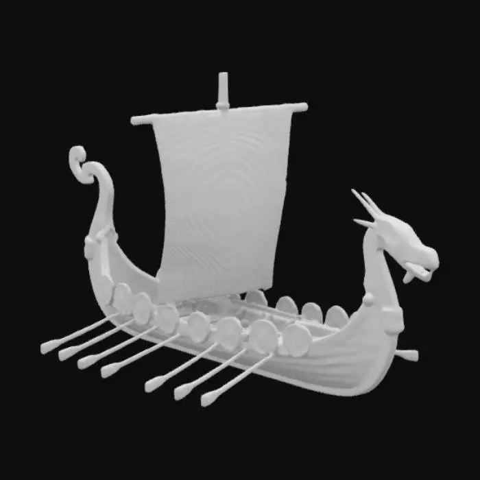 3D model for Design a 300mm-long Viking longship with clinker-built hull planks (embossed overlapping lines, dragon-head prow (sharp horns, scaled texture),Include:  
- **Mast & Sail**: 150mm mast with square sail billowing dynamically (embossed Raven of Odin symbol).  
- **Shields**: 12 round shields (30mm) along gunwales, engraved with radial runes/wolf 
- **Oars**: 16 parallel oars (80mm) with rune-etched shafts. Rope coils (twisted texture), Jormungandr serpent carving on sternpost, weathered wood grain