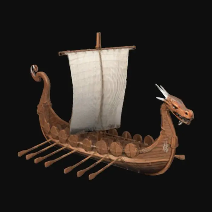 3D model for Design a 300mm-long Viking longship with clinker-built hull planks (embossed overlapping lines, dragon-head prow (sharp horns, scaled texture),Include:  
- **Mast & Sail**: 150mm mast with square sail billowing dynamically (embossed Raven of Odin symbol).  
- **Shields**: 12 round shields (30mm) along gunwales, engraved with radial runes/wolf 
- **Oars**: 16 parallel oars (80mm) with rune-etched shafts. Rope coils (twisted texture), Jormungandr serpent carving on sternpost, weathered wood grain