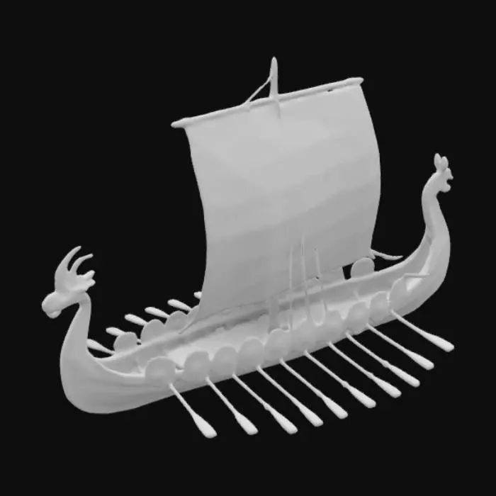 3D model for Design a 300mm-long Viking longship with clinker-built hull planks (embossed overlapping lines, dragon-head prow (sharp horns, scaled texture),Include:  
- **Mast & Sail**: 150mm mast with square sail billowing dynamically (embossed Raven of Odin symbol).  
- **Shields**: 12 round shields (30mm) along gunwales, engraved with radial runes/wolf 
- **Oars**: 16 parallel oars (80mm) with rune-etched shafts. Rope coils (twisted texture), Jormungandr serpent carving on sternpost, weathered wood grain