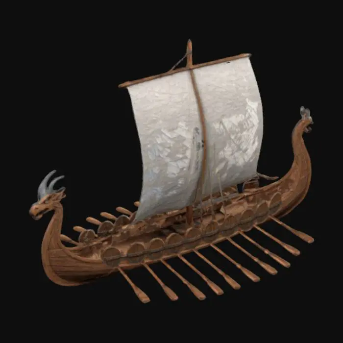 3D model for Design a 300mm-long Viking longship with clinker-built hull planks (embossed overlapping lines, dragon-head prow (sharp horns, scaled texture),Include:  
- **Mast & Sail**: 150mm mast with square sail billowing dynamically (embossed Raven of Odin symbol).  
- **Shields**: 12 round shields (30mm) along gunwales, engraved with radial runes/wolf 
- **Oars**: 16 parallel oars (80mm) with rune-etched shafts. Rope coils (twisted texture), Jormungandr serpent carving on sternpost, weathered wood grain