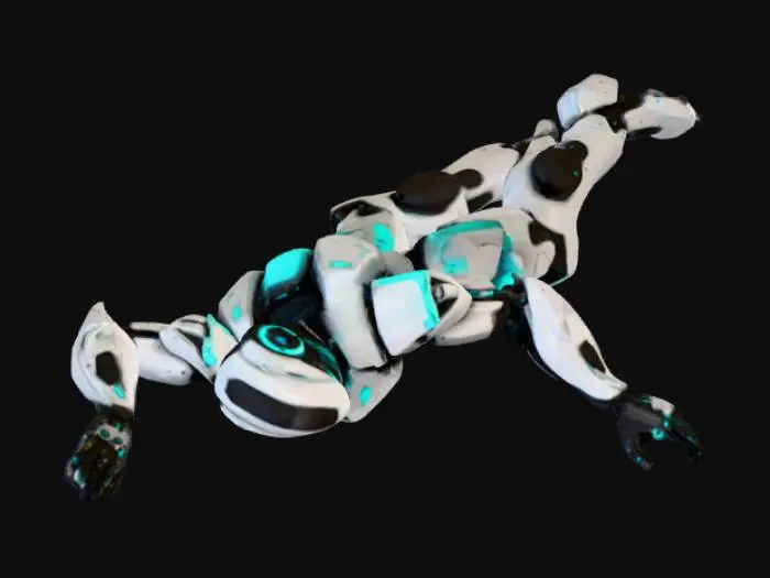 3D model for Low-poly 3D sci-fi robot, stylized and simplified geometry, metallic silver body plating, neon cyan glowing accents on joints and eyes, black limbs and inner framework, vibrant tones, angular shapes, minimal detail, cartoonish proportions, mechanical pose, clean edges, soft lighting, game-ready aesthetic, isolated on simple background