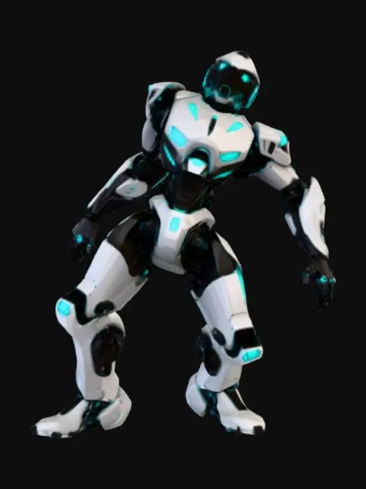 3D model for Low-poly 3D sci-fi robot, stylized and simplified geometry, metallic silver body plating, neon cyan glowing accents on joints and eyes, black limbs and inner framework, vibrant tones, angular shapes, minimal detail, cartoonish proportions, mechanical pose, clean edges, soft lighting, game-ready aesthetic, isolated on simple background