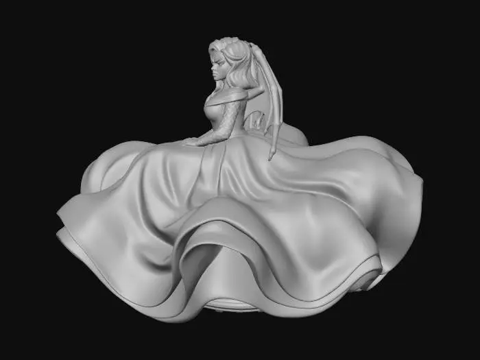 3D model for dragon woman in long long dress that covers whole her body. angry, attacking, she sits, she is in the air, legs are no visible all covered by skirt. make skirt big and long so I can add flying platform under it, pink purple