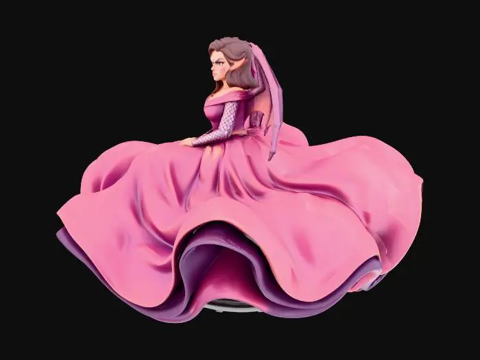 3D model for dragon woman in long long dress that covers whole her body. angry, attacking, she sits, she is in the air, legs are no visible all covered by skirt. make skirt big and long so I can add flying platform under it, pink purple