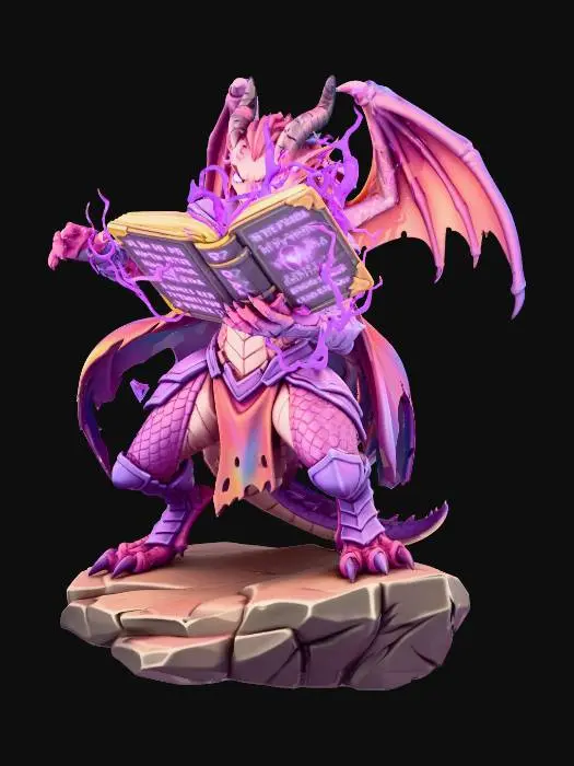 3D model for dragon woman cartoon like. powerfull and attacking with a book,  pink purple