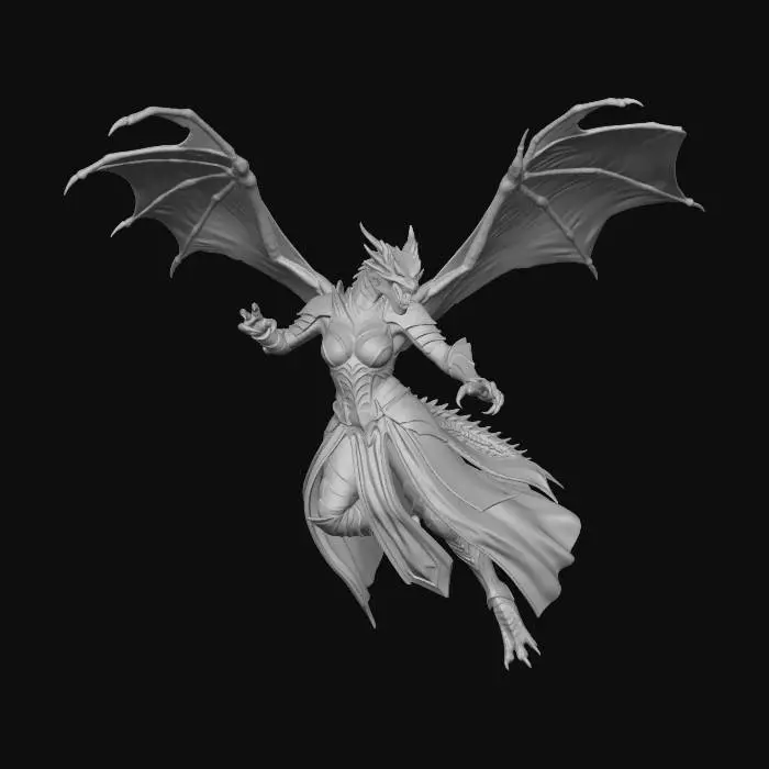 3D model for full size powerfull dragon female. in dress that long that legs are not visible, she is flying in the air, warrier. feminine and sexy dress that covers all her body, no visible skin
.she is preparing for an attack