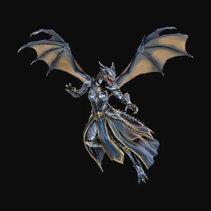 3D model for full size powerfull dragon female. in dress that long that legs are not visible, she is flying in the air, warrier. feminine and sexy dress that covers all her body, no visible skin
.she is preparing for an attack