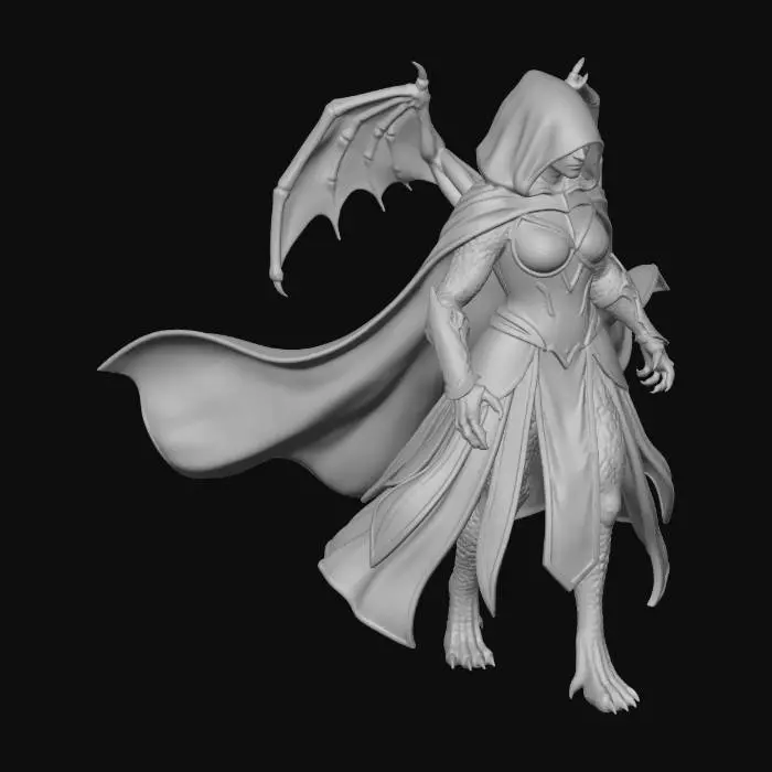 3D model for full size love dragon, pink, closed small cute wings, feminine and sexy dress, powerfull, intimidating, in cape and hood, face not visible looking down and to the left side, walking towards me, around her energy or magic in arms, arm down in gathering energy from earth, she is preparing for an attack