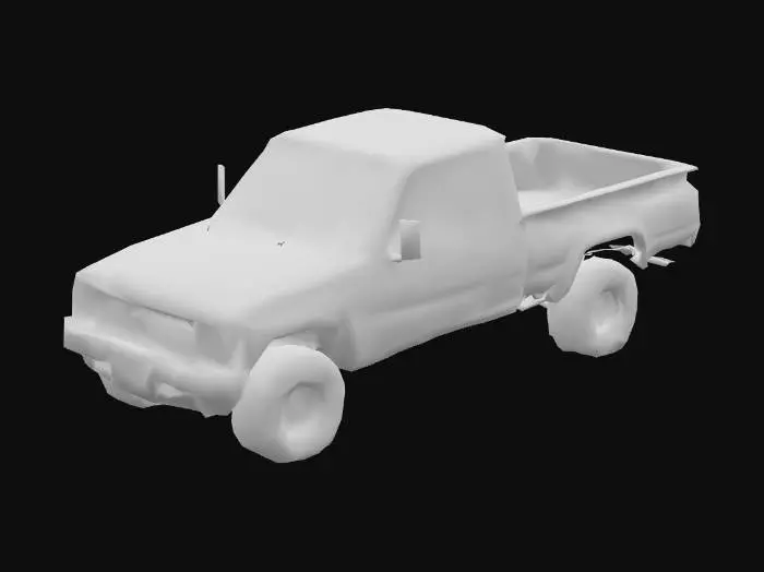 3D model for a rusty Toyota-type pickup truck in khaki color with mesh instead of windows and a windshield.