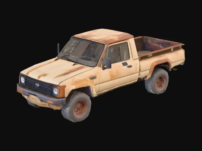 3D model for a rusty Toyota-type pickup truck in khaki color with mesh instead of windows and a windshield.
