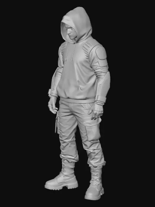 3D model for A futuristic gaming character standing confidently in the center, wearing a sleek black hoodie with neon blue and purple glowing symbols, sharp jawline, intense glowing eyes, modern cyberpunk armor details, soft rim light around the body, high-detail face, cinematic lighting, ultra-realistic 3D render, symmetrical body alignment, powerful pose, dark blurred background with neon particles, trending esports character style, 4K quality, highly detailed, dramatic shadows, clean composition