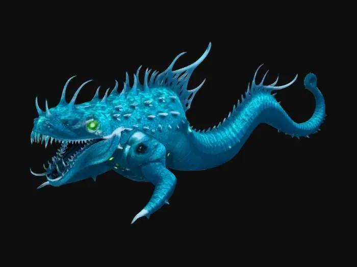 3D model for A colossal, scary sea leviathan, featuring a serpentine body with multiple bioluminescent tentacles. Its tough, dark blue skin shimmers with an oily sheen, adorned with glowing, alien-like patterns and sharp, jagged fins. Intricate, pulsating details emit an eerie, green light, suggesting a smooth yet leathery texture. Its enormous head possesses menacing, multi-faceted eyes and sharp, bone-like protrusions.