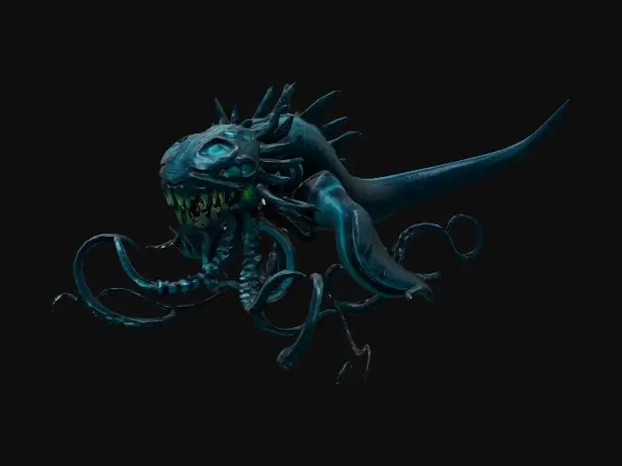 3D model for A colossal, scary sea leviathan, featuring a serpentine body with multiple bioluminescent tentacles. Its tough, dark blue skin shimmers with an oily sheen, adorned with glowing, alien-like patterns and sharp, jagged fins. Intricate, pulsating details emit an eerie, green light, suggesting a smooth yet leathery texture. Its enormous head possesses menacing, multi-faceted eyes and sharp, bone-like protrusions.